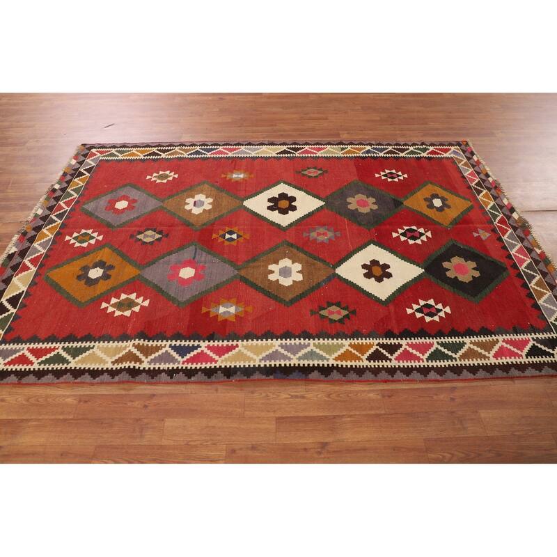 Geometric Kilim Qashqai Persian Vintage Rug Flatweave Wool Carpet - 5'4"x 8'0"