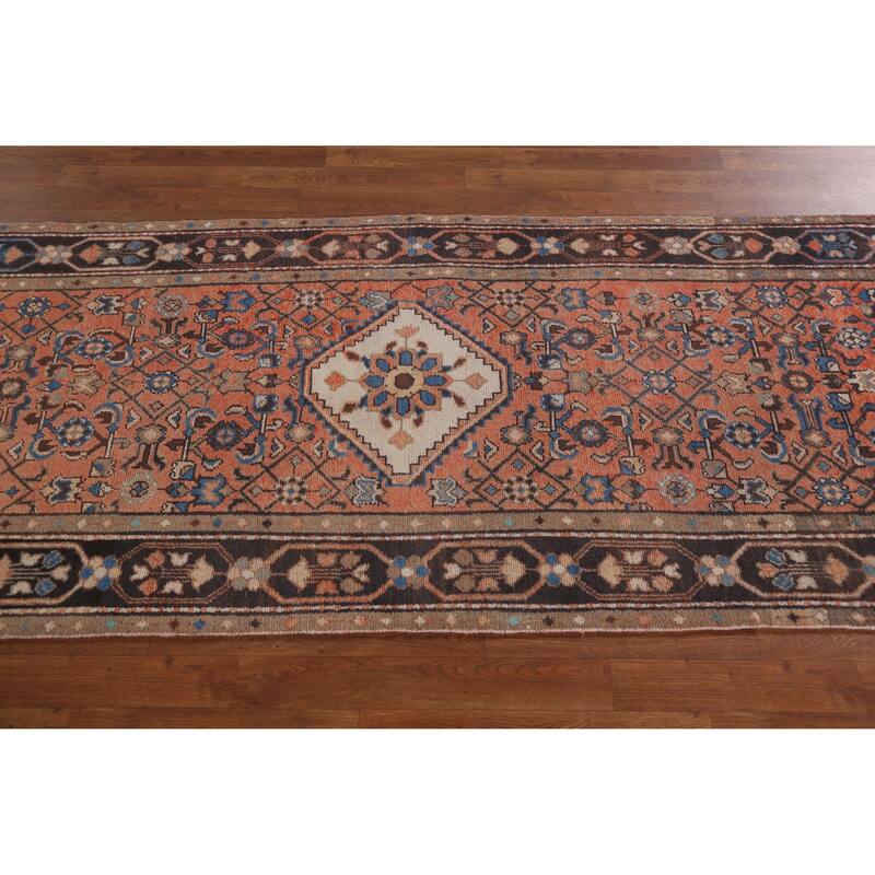 Hand Knotted Oriental 100% Wool Carpet Traditional Geometric Oranges & Rust Hamedan Runner Rug - 9' 7'' X 3' 4''