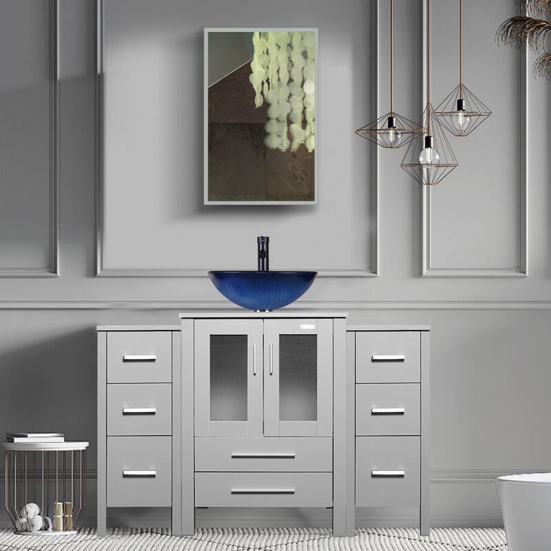 48" Bathroom Vanity Set Vessel Sink Mirror Faucet W/ Small Cabinet Combo - blue round sink - Grey