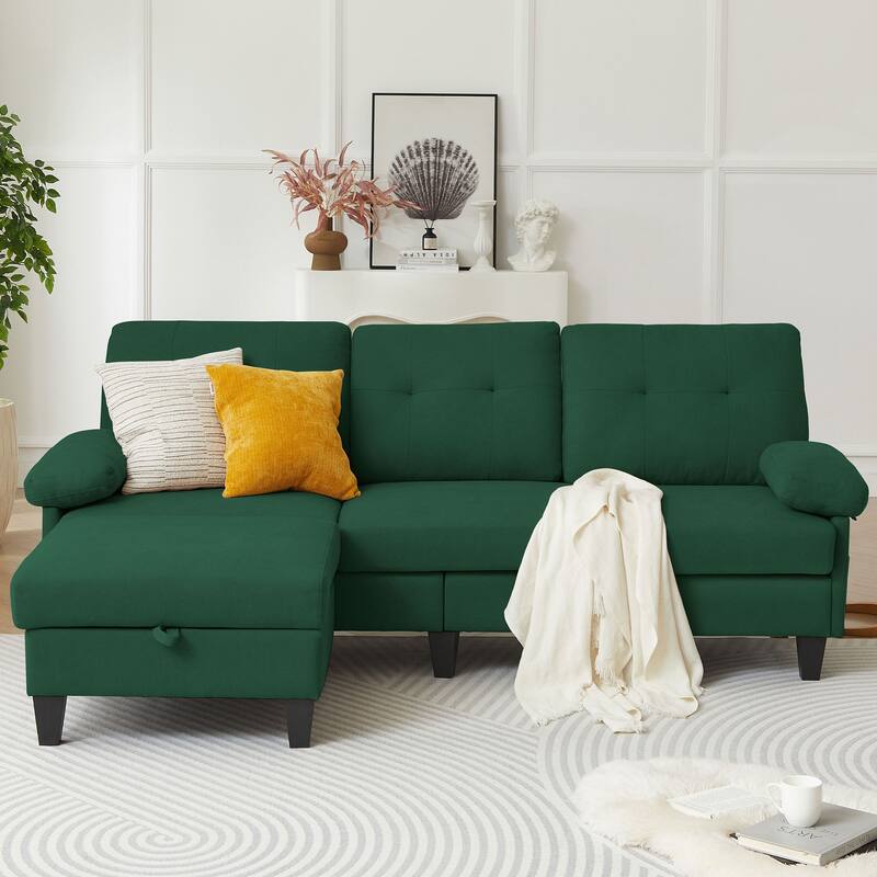 84.45" Wide Sectional Sofa with Ottoman & Side Storage Bags - Green