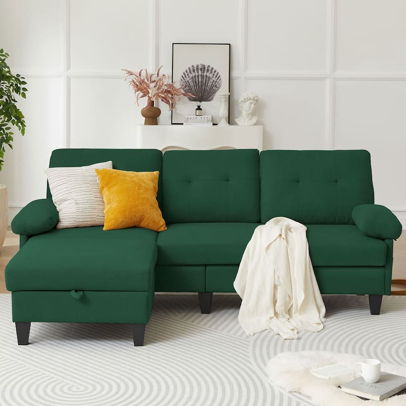 86.22" L Shaped Sectional Sofa with Side Storage Pockets - Green