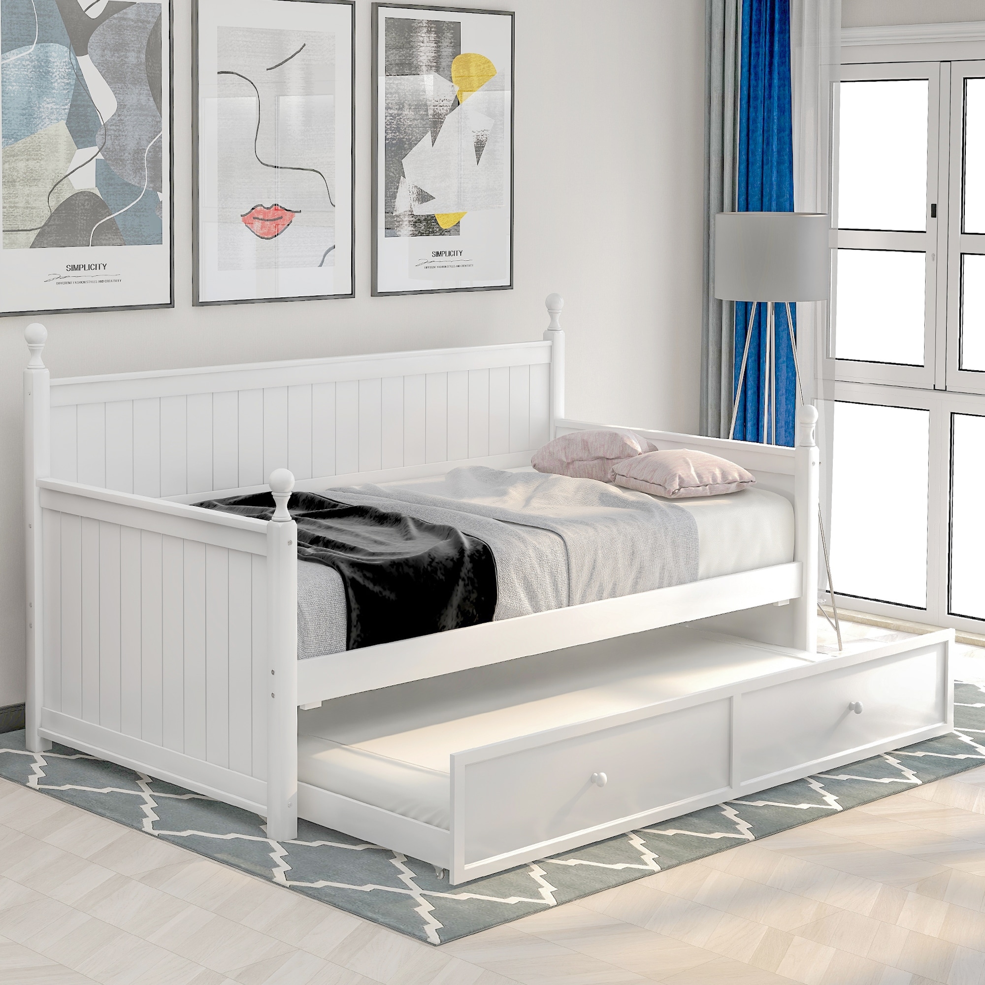 Roomfitters Twin Size Wood Daybed with Twin Size Trundle (White)
