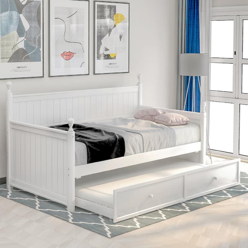 Twin Size White Wood Daybed with Trundle, Space-Saving Dual-Use Bed Frame - White