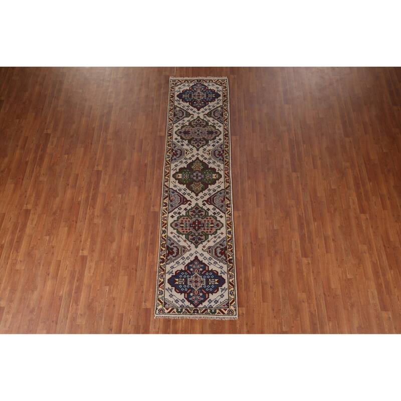 Geometric Kazak Runner Rug Hand-Knotted Beige Wool Carpet - 2'6"x 9'10"