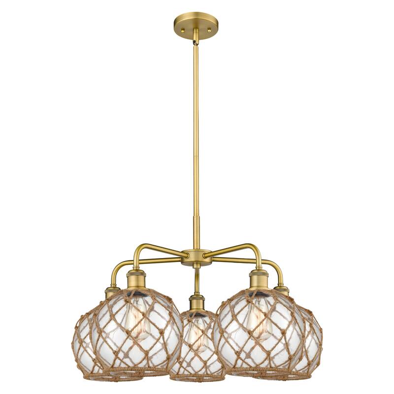 Innovations Lighting Endless Possibilities Ballston - Farmhouse Rope - 5 Light 27" Stem Hung Chandelier - Clear Glass with Brown Rope/Brushed Brass