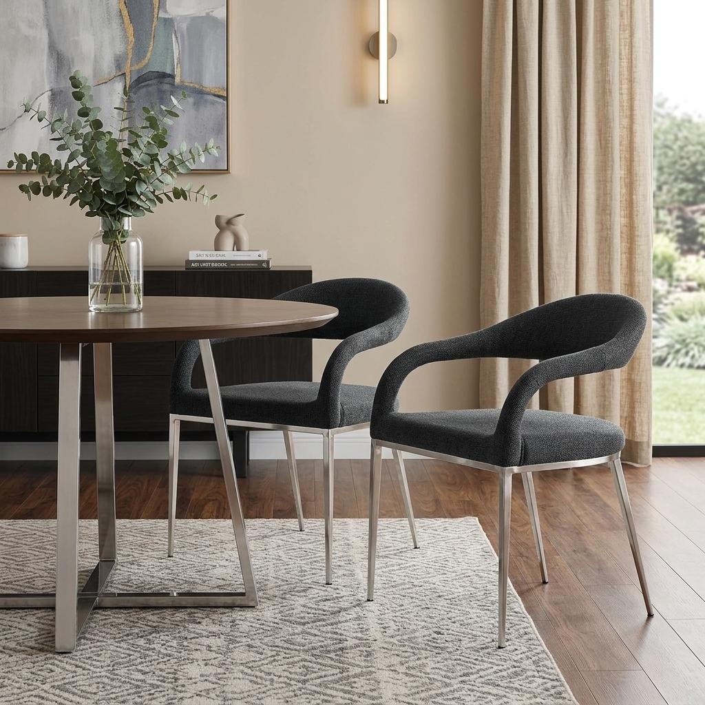 HomeRoots Set of Two Gray And Silver Upholstered Polyester Open Back Dining Arm Chairs - 21.00 in. x 30.00 in. x 22.00 in.