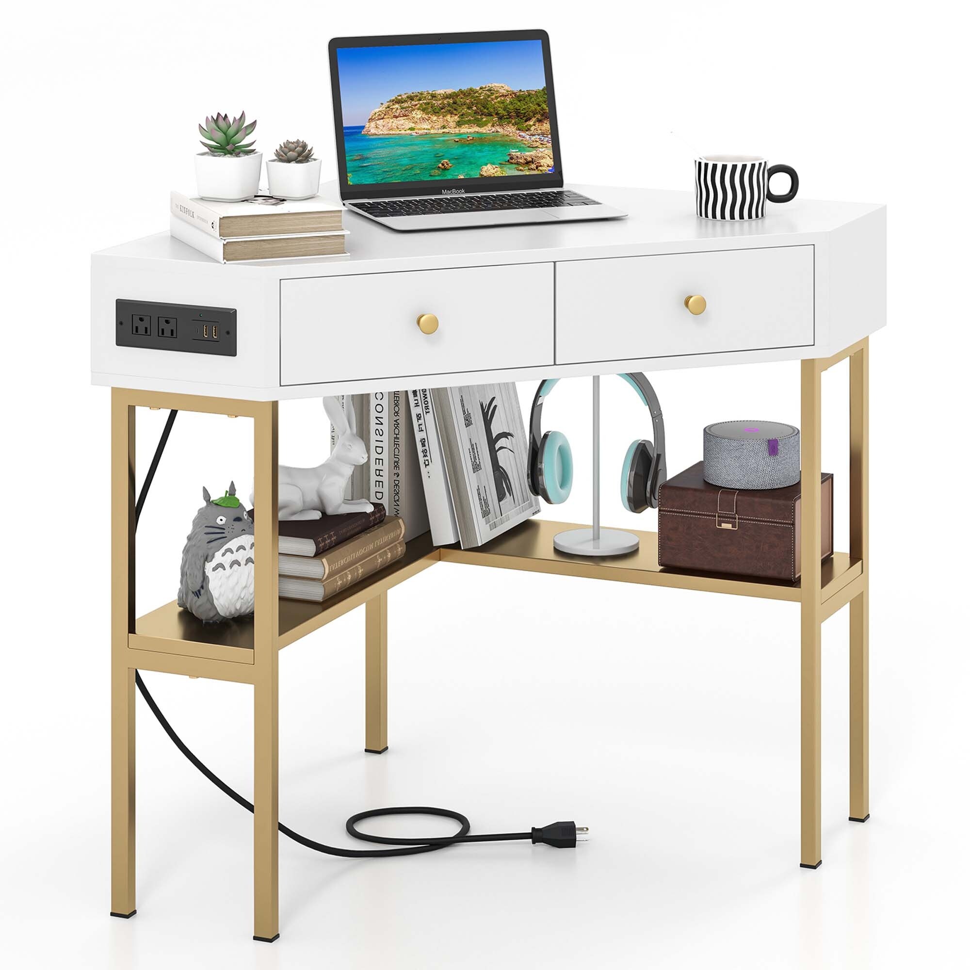 Costway Corner Computer Desk Writing Workstation Study Desk w 2 White Gold