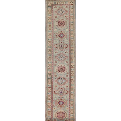 Light Blue Kazak Runner Rug Hand-Knotted Oriental Foyer Wool Carpet - 2'8" x 16'0"