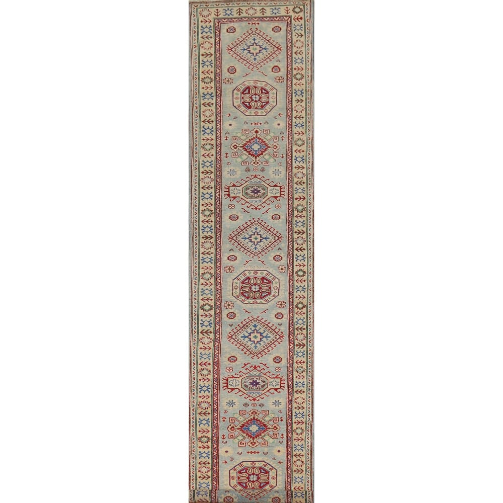 Light Blue Kazak Runner Rug Hand-Knotted Oriental Foyer Wool Carpet - 2'8" x 16'0"