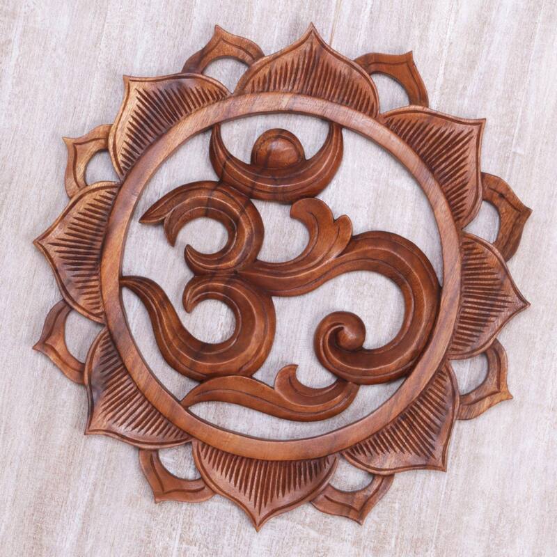 Handmade Om Petals Wood relief panel (Indonesia)