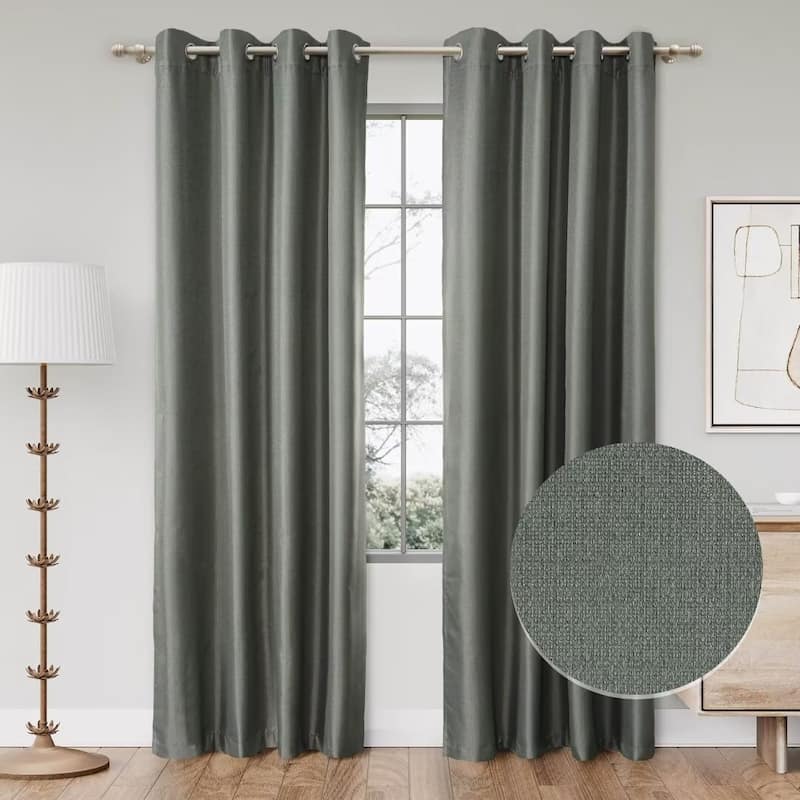 Textured Grid 100% Blackout Grommet Curtain Pair(2 Panels) - 52"Wx84"L - Olive Green