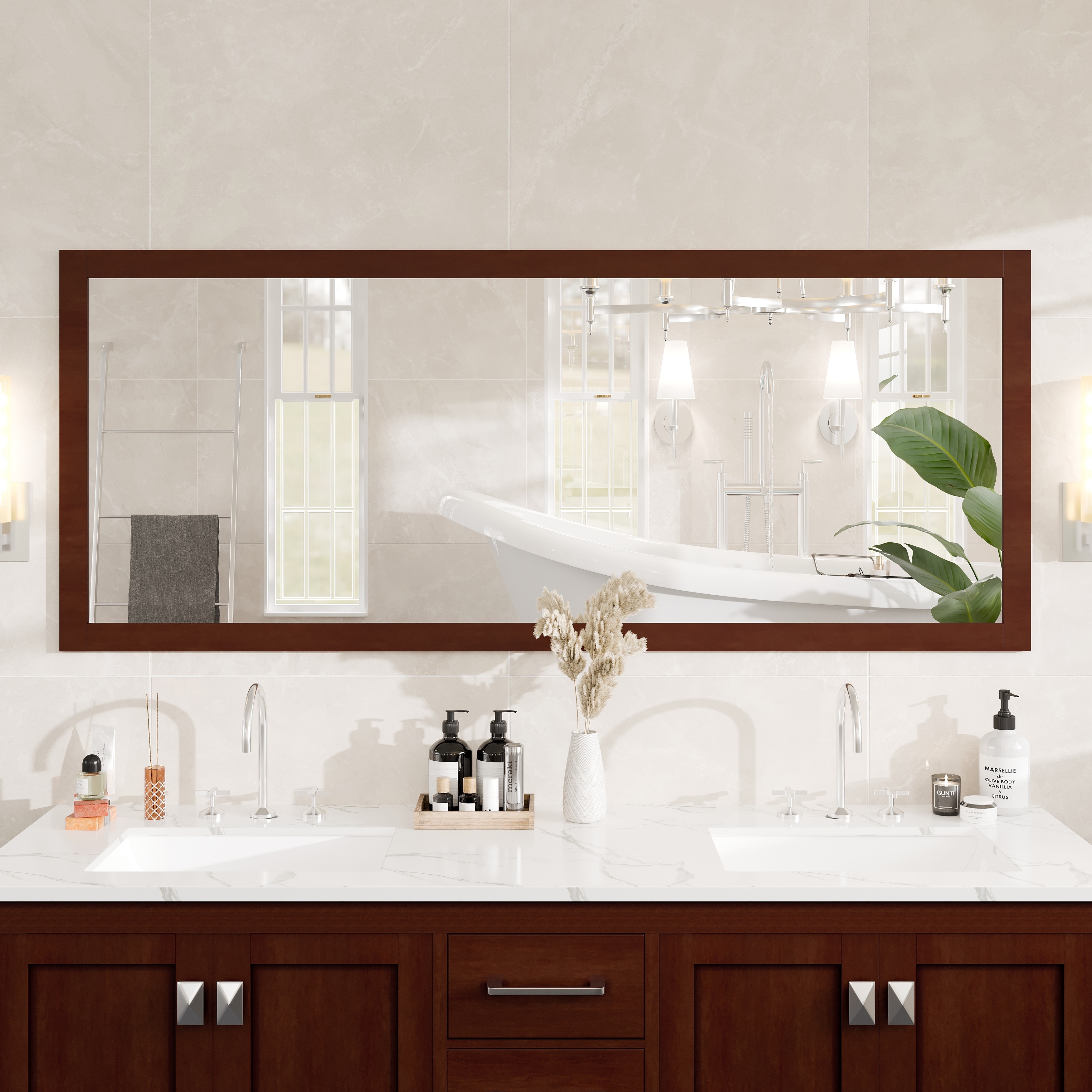 Eviva New York 60" x 30" Rectangular Teak Wooden Framed Mirror - Brown