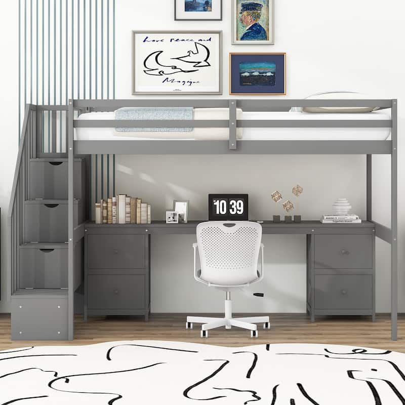 Twin Loft Bed with Built-in Desk and Double Storage Drawers, Gray