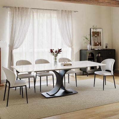63"-94"Modern Extendable Dining Table for 6-10, Glossy White Kitchen Table with Black Carbon Steel Legs