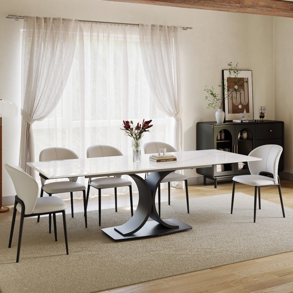 63"-94"Modern Extendable Dining Table for 6-10, Glossy White Kitchen Table with Black Carbon Steel Legs