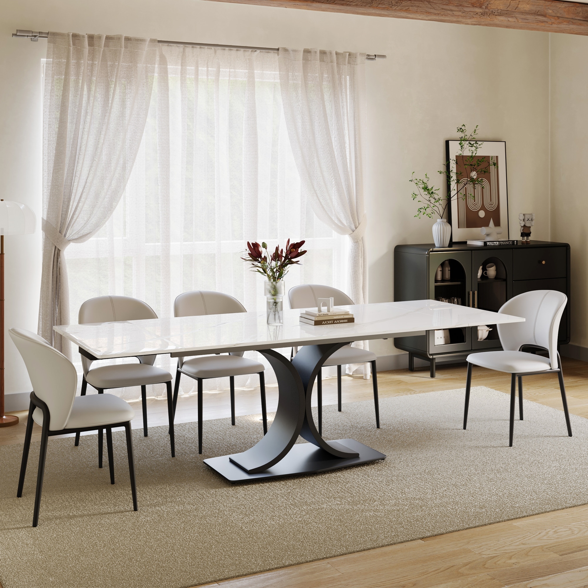 63"-94"Modern Extendable Dining Table for 6-10, Glossy White Kitchen Table with Black Carbon Steel Legs