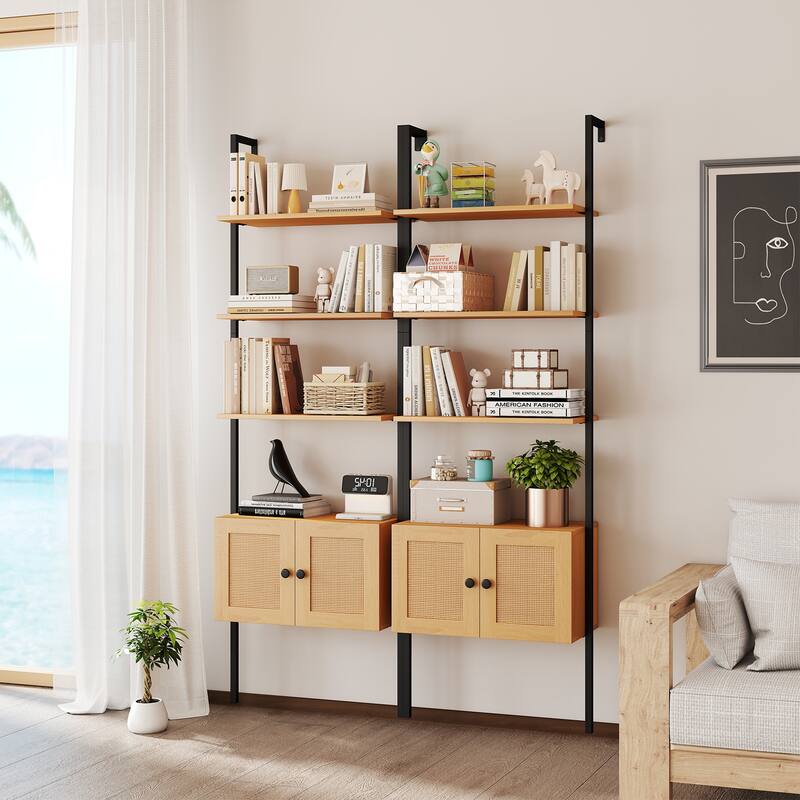 Gymax Wall-Mounted Ladder Shelf 5-tier Bookshelf w/ Rattan-Door