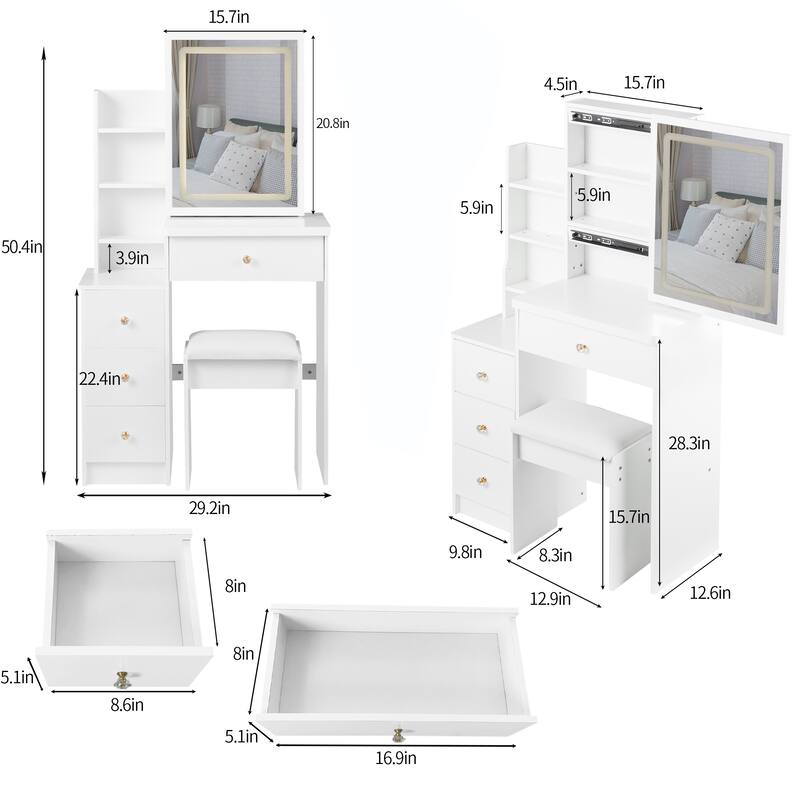 Small Space Left Bedside Cabinet Vanity Table,Cushioned Stool,Extra Large Touch Control Sliding LED Mirror,Tri-color Switching