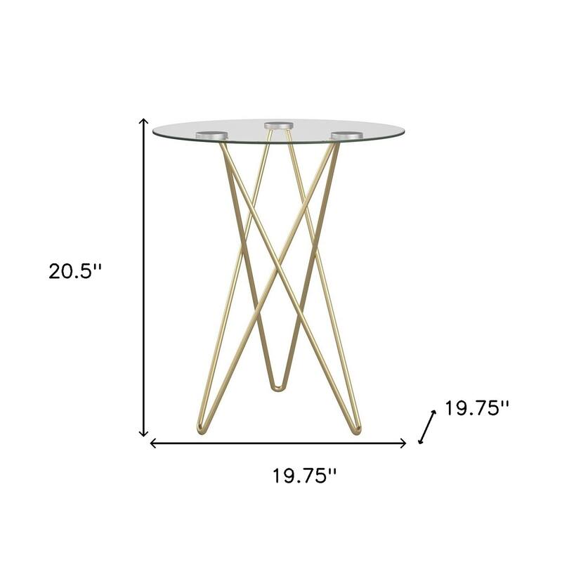 Contemporary Round Gold Metal Side End Table with Clear Glass Top and Geometric Legs for Living Room