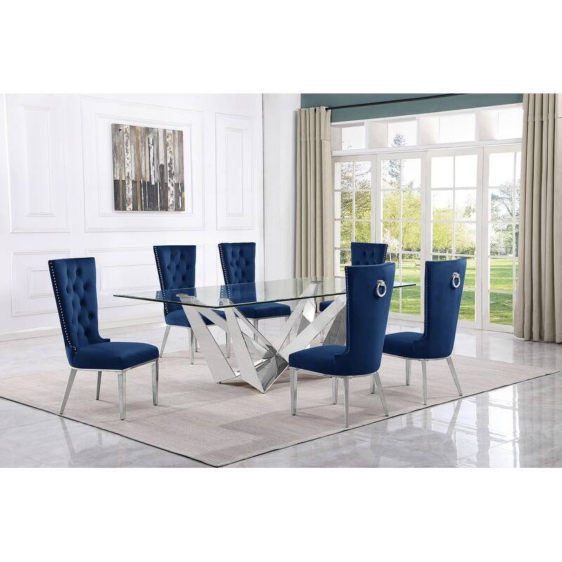 Best Quality Furniture D402/3-SC330-7 Dining Set with 94" 15mm Glass with Bevel - 7-Piece - Navy Blue / Silver