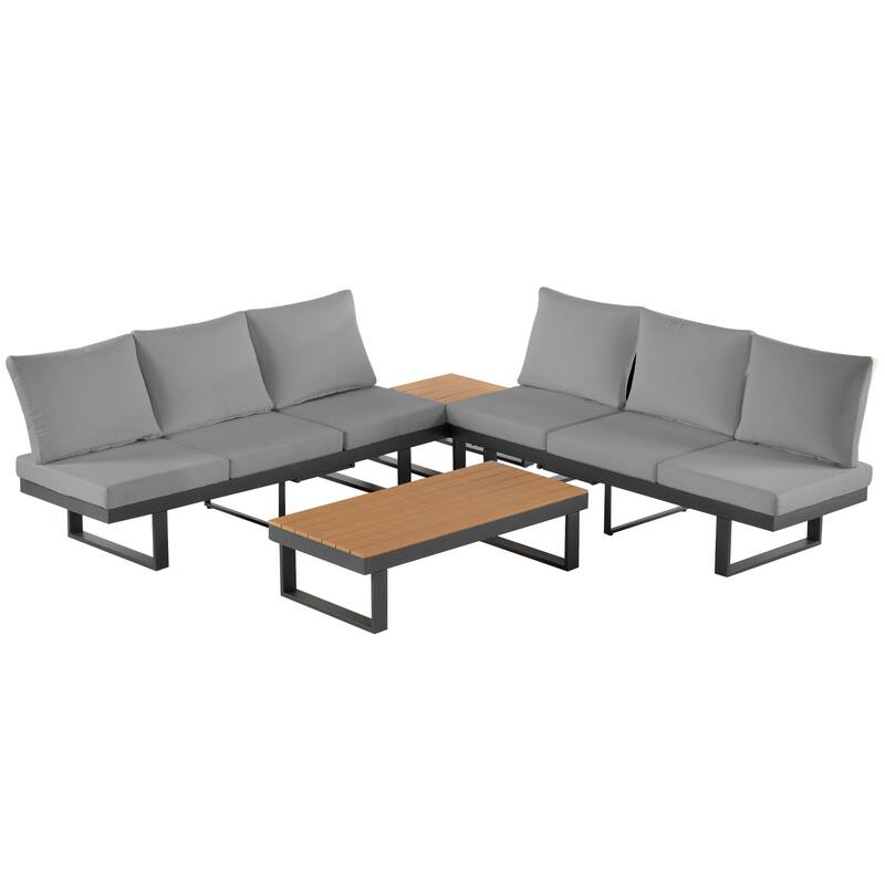Outdoor Patio Conversation Sofa Set L-shape Sectional Sofa Set with Adjustable Reclining Seats, Coffee Table, Side Table