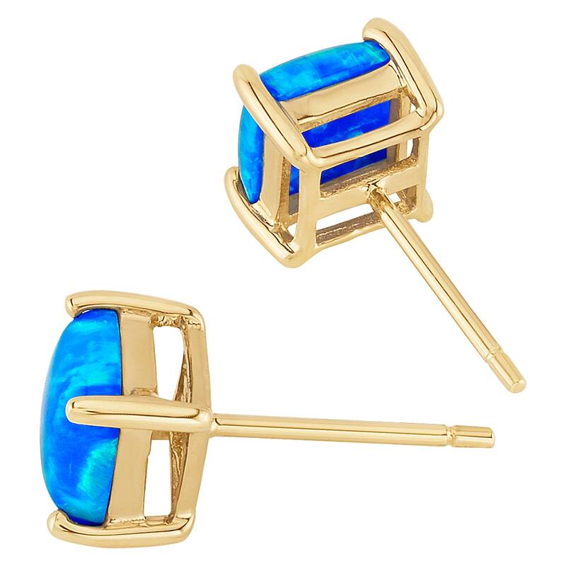 14k Yellow Gold Blue Opal Stud Earrings 1 ct Cushion Shape