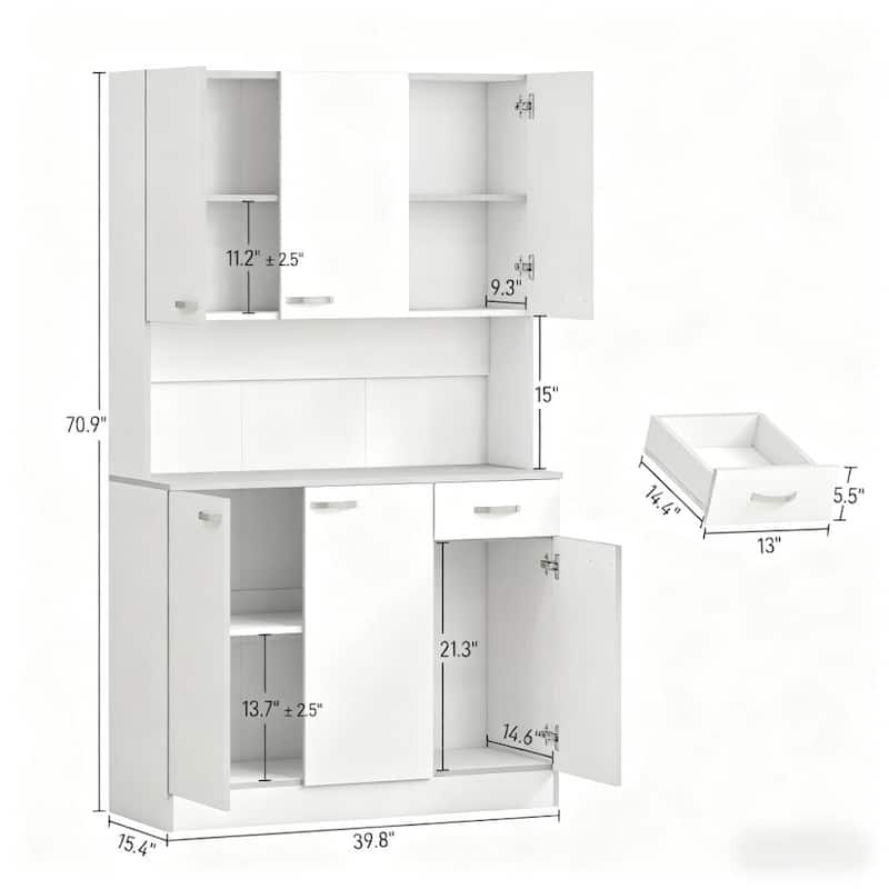 71" Kitchen Pantry Cabinet, Large Pantry Storage Cabinet with Microwave Stand, Wood Hutch Food Pantry with Open Countertop