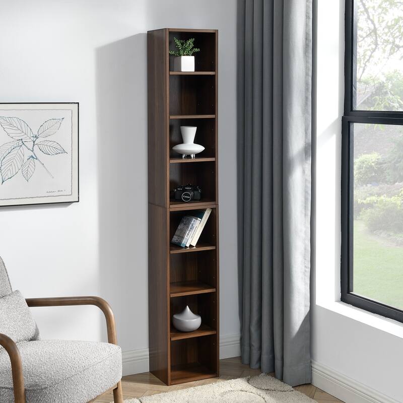Roomfitters 8-Tier Tall Narrow Bookcase with Adjustable Shelves, Slim Storage Tower for Books, CDs, DVDs, and Décor