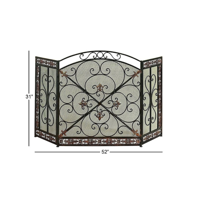 Traditional 3 Panel Metal Fire Screen With Filigree Design, Bronze, Black