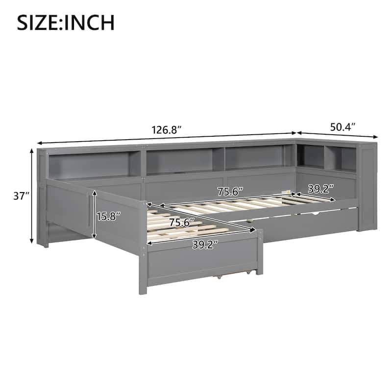 Twin Size L-Shaped Platform Bed with Trundle, Storage Drawer, Shelves, USB Charging Station, Solid Wood Frame