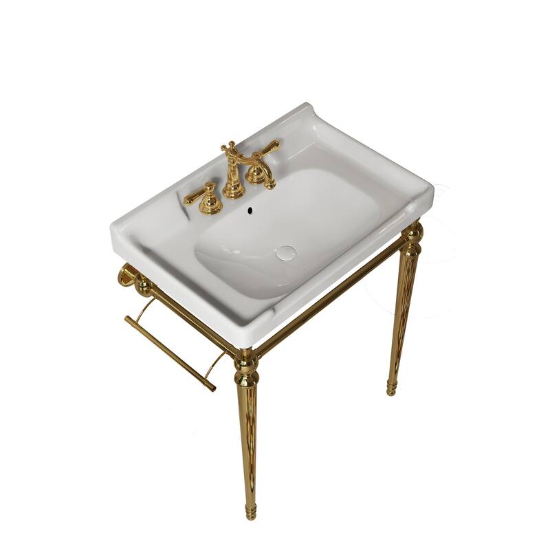 28" Bathroom Console Sink, Wall-Mounted White Ceramic Vanity Basin with 3 Pre-drilled Faucet Holes with Towel Bar