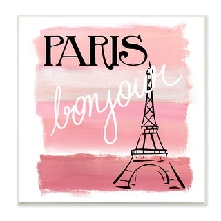 Stupell Paris Bonjour French Eiffel Tower Abstract Pink Stripes Wood ...