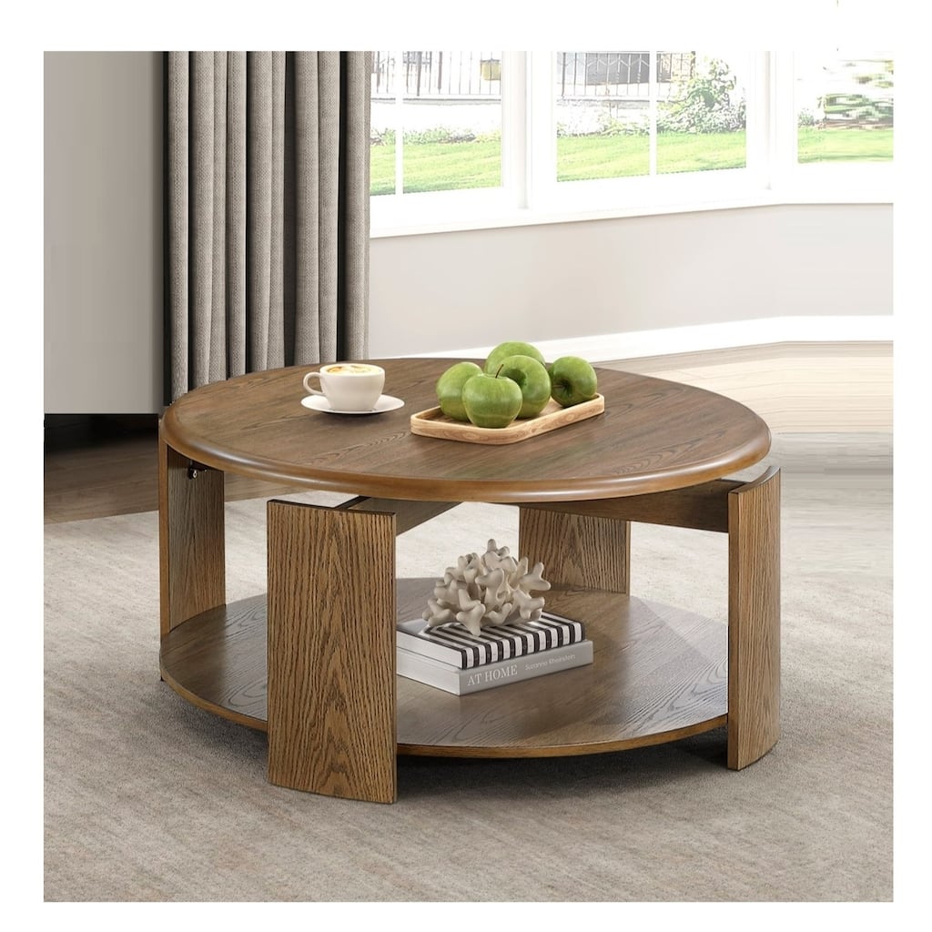 Brown Finish Cocktail Table with Swivel Top Open Shelf Caster Movement Living Room Furniture 1pc Round Coffee Table