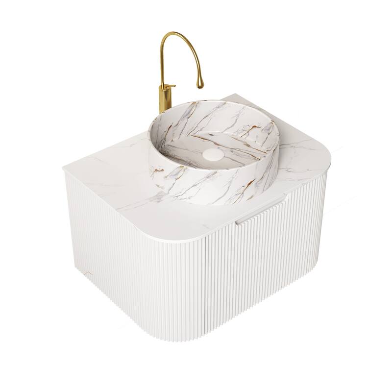 Vanity With Sink, Wall-Mounted Floating Curved Edges Striped Bathroom Storage Cabinet With Drawer,Round Ceramic Basin