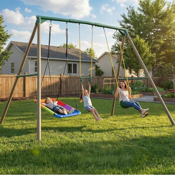 9.5' Heavy Duty Metal Swing set for Backyard with Platform Swing