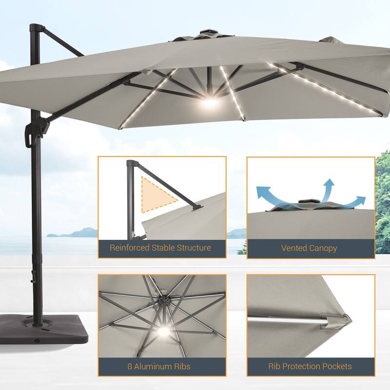 LIVOOSUN Patio10x10FT LED Aluminum Cantilever Umbrella Solution-Dyed Fabric w/Base
