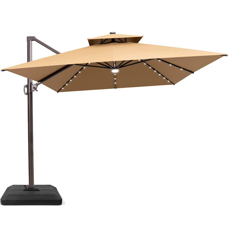 13 x 10 FT Solar Powered LED Light Patio Cantilever Umbrella Aluminum Pole with Base - Tan