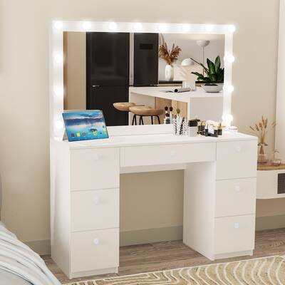 Boahaus Freya White 7-drawer Vanity Dressing Table with Lighted Mirror