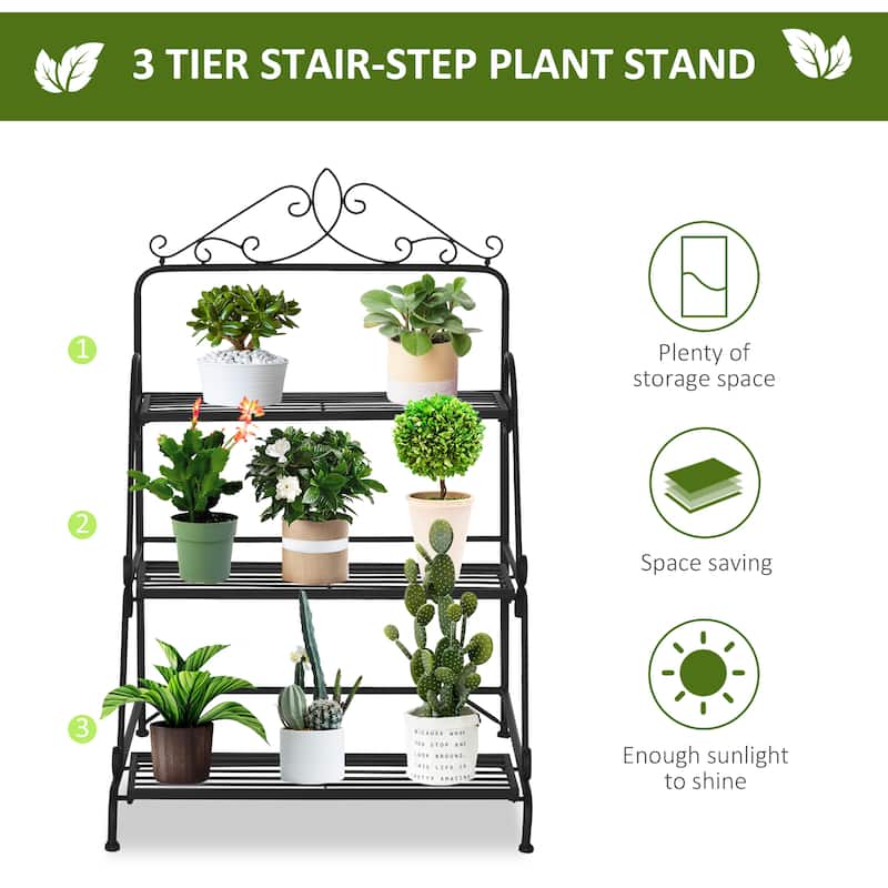 Outsunny 3 Tier Metal Plant Stand, Ladder Display Shelf, Flower Pot Holder, Storage Organizer Rack for Indoor Outdoor Patio