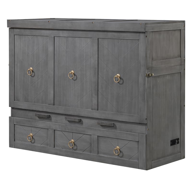Full/Queen Murphy Bed with Built-in Power/USB Module, Wooden Foldable Wall Bed w/Large Storage Drawer for Home Office Guest Room
