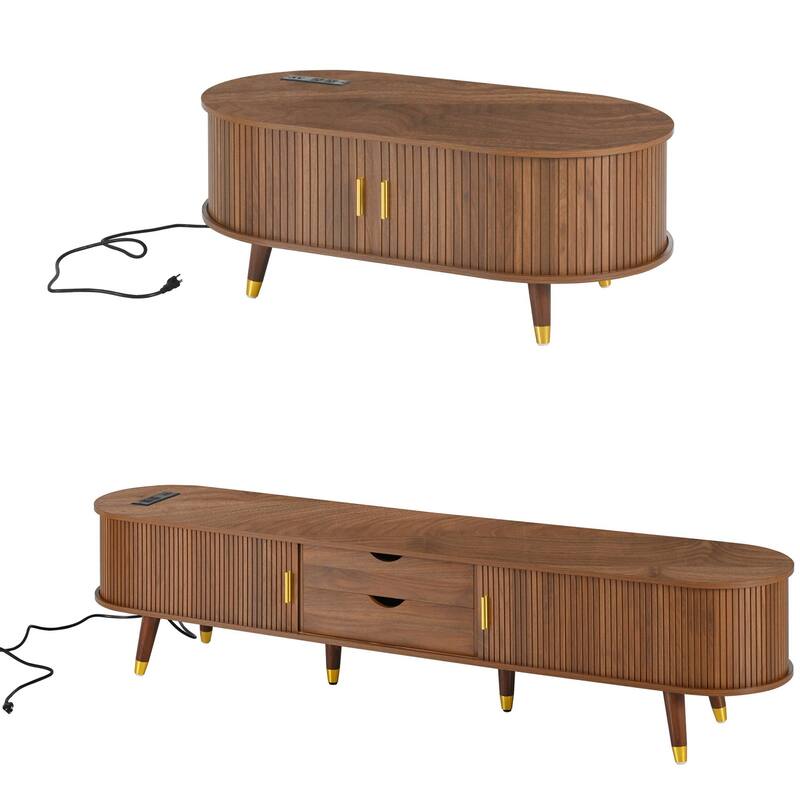 Wooden Tv Stand & Coffee Table Set With Charging Station,Sliding Doors For Tvs Up To 80",Table With Solid Wood Legs