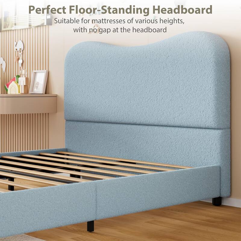 Kids Upholstered Platform Bed, Soft Boucle Fabric with Low Profile Frame & Wood Slats, Boys/Girls Bedroom