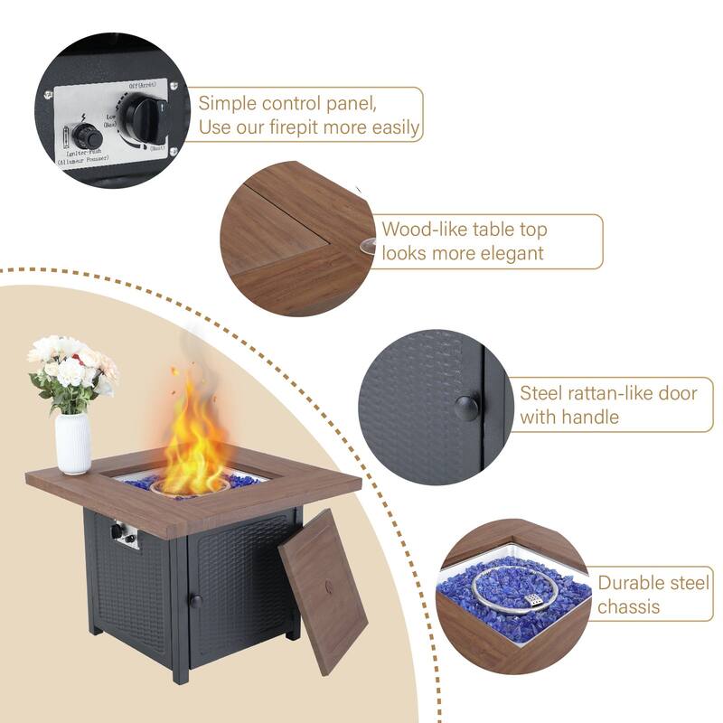 MAISON ARTS 5-Piece Gas Fire Pit Table Outdoor Dining Set Steel Swivel Chairs Metal/Wood-look Square Gas Fire Pit Table