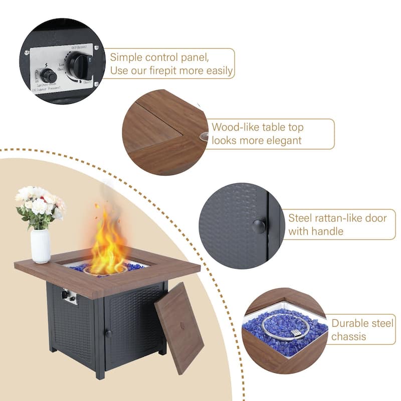 MAISON ARTS 5-Piece Patio Furniture Propane Fire Pit Set, 4 Metal Mesh Swivel Chairs and Square Fire Table