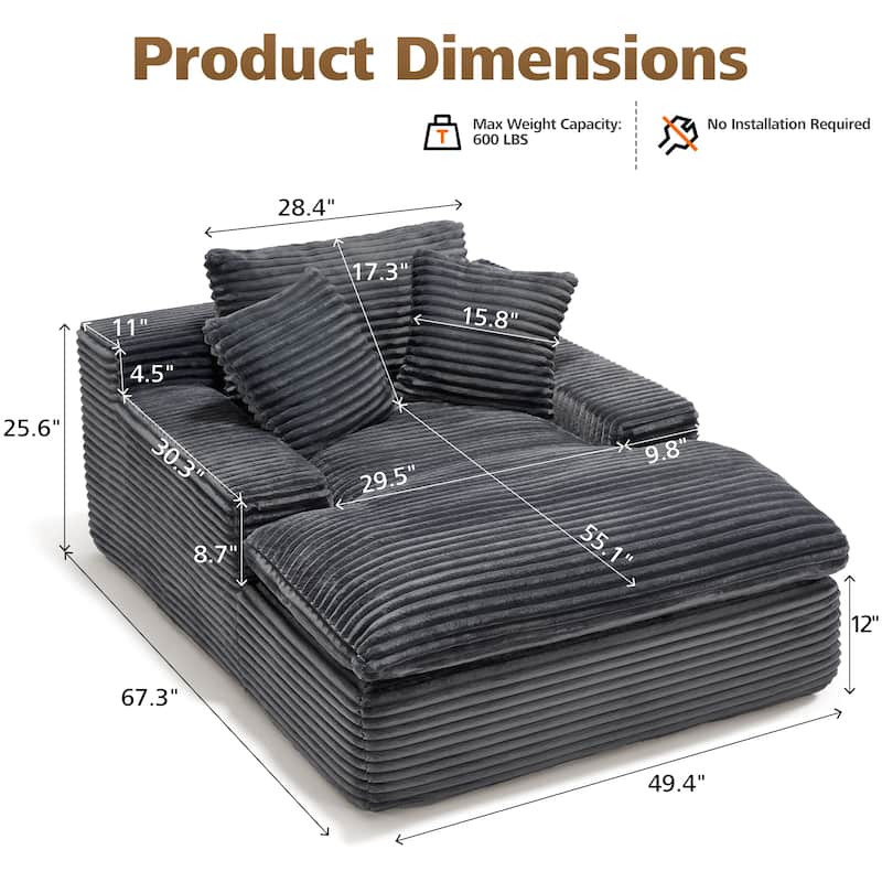 67" Upholstered Full Foam Chaise Lounge Chair Convertible Sofa Bed with Pillows, No Assembly Required