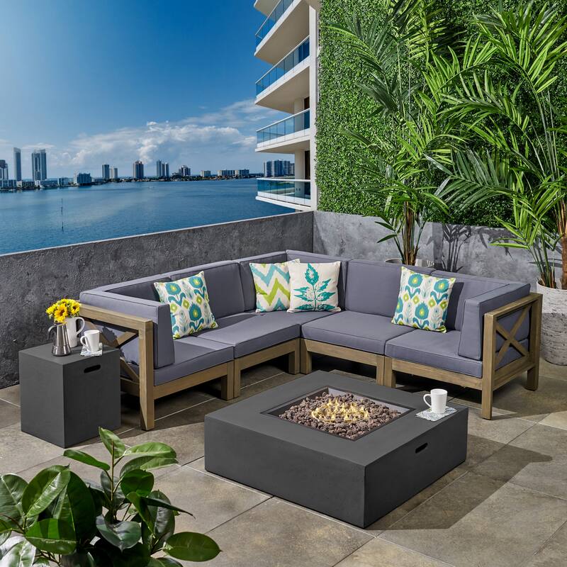 Brava Outdoor 7-piece Fire Pit Sectional Set by Christopher Knight Home - gray finish + dark gray cushion