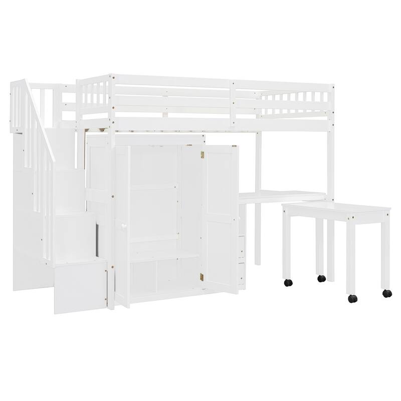 Space-Saving Twin Loft Bed with Stairs, Bookshelf, Drawers, Desk & Wardrobe for Kids & Teens - White