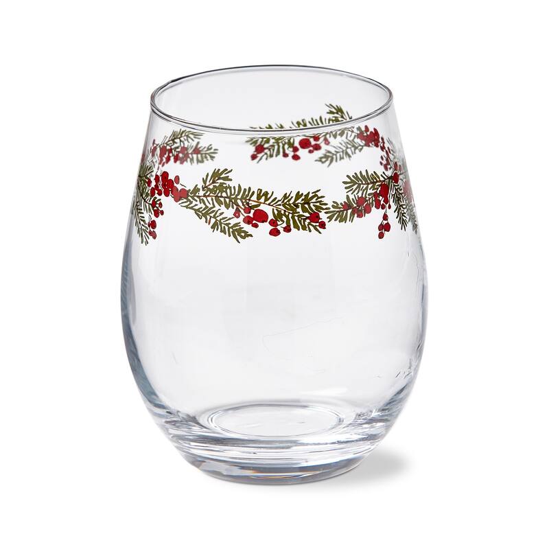 18 oz. Farmhouse Christmas Holly Berries Leaves Glass Stemless Wine Drinkware Dishwasher Safe