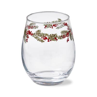 18 oz. Farmhouse Christmas Holly Berries Leaves Glass Stemless Wine Drinkware Dishwasher Safe