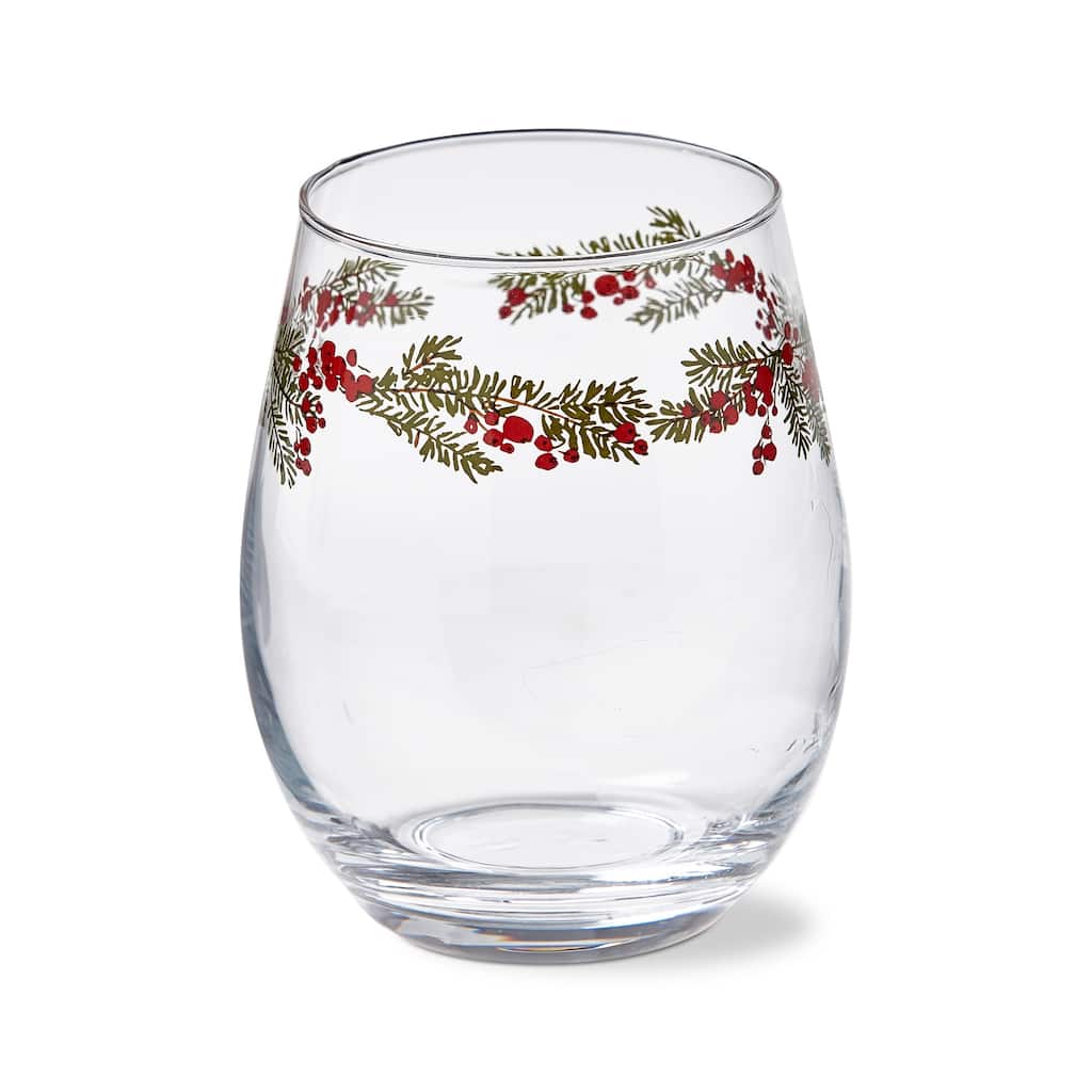 18 oz. Farmhouse Christmas Holly Berries Leaves Glass Stemless Wine Drinkware Dishwasher Safe